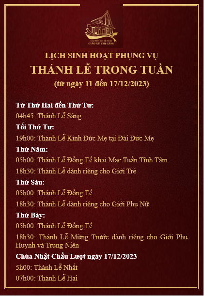 Thánh Lễ Trong Tuần từ 11 17 12 2023